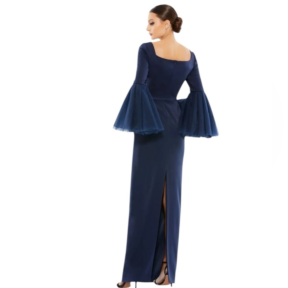Leena for Mac Duggal - Navy Flounce Sleeve Square Neck Column Gown Sz 6 - Picture 3 of 13